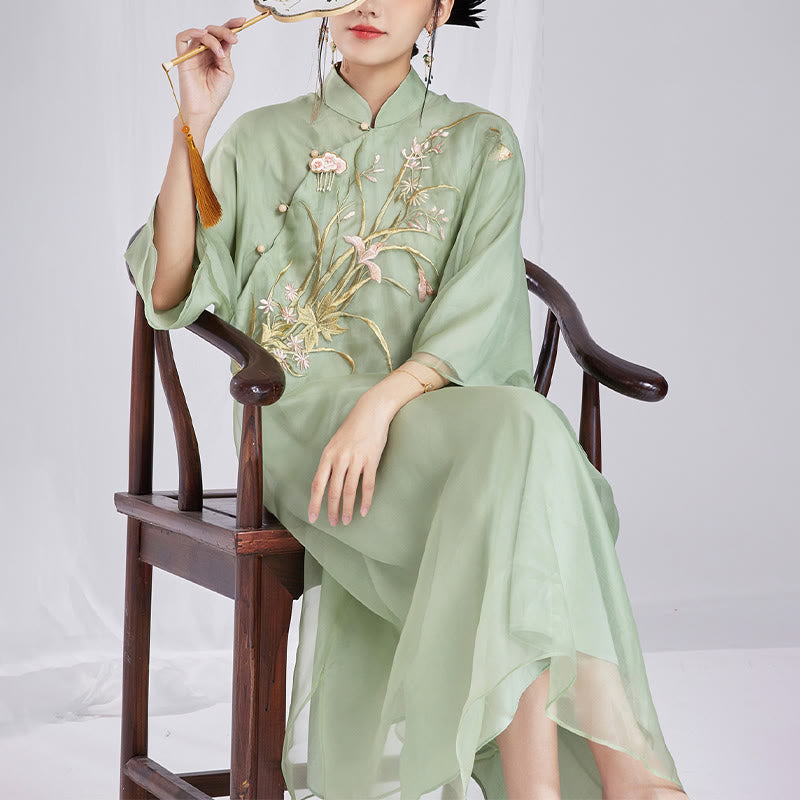 Buddha Stones 100% jedwab morwowy 6 Momme Sukienka Vintage Flower Butterfly Haft Qipao Sukienka damska Cheongsam - image 10