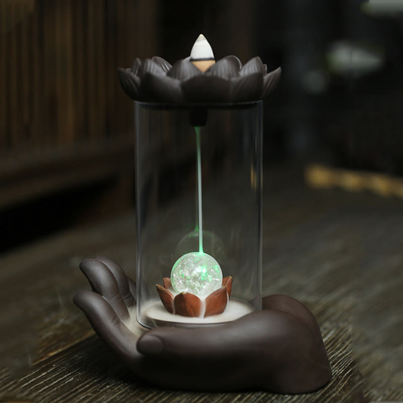 Buddha Stones Ręka Buddy Lotos Oświecenie Światło LED Fioletowa Glina Ceramiczna Kadzielnica Dekoracja