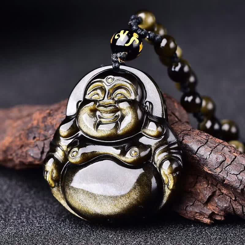 Buddha Stones Śmiejący się Budda Złoty połysk Obsydianowy naszyjnik z bogactwem Wisiorek - Złoty połyskujący koralik obsydianowy - image 0