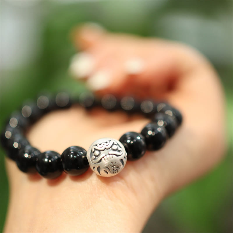 Bransoletka ochronna z Buddha Stones 925 ze srebra próby 925 z czarnym onyksem i grawerowanym charakterem