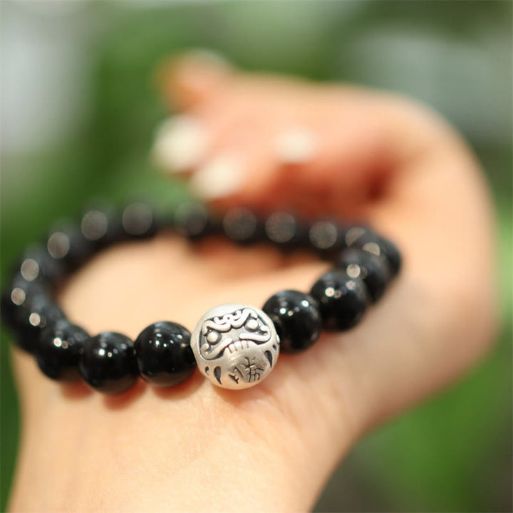 Bransoletka ochronna z Buddha Stones 925 ze srebra próby 925 z czarnym onyksem i grawerowanym charakterem
