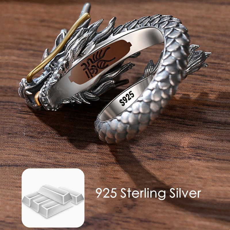 Buddha Stones 925 Srebro Sterlingowe Vintage Dragon Design Ochrona Siła Regulowany Pierścień