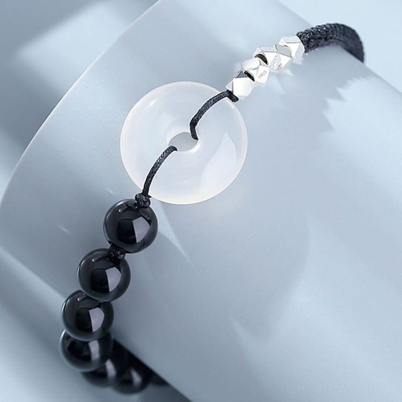 Buddha Stones 925 Sterling Silver Black Obsidian Agat Peace Buckle Strength