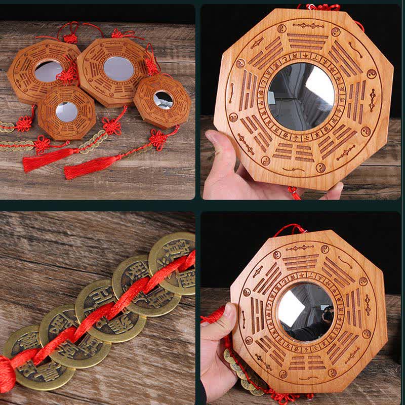 Feng Shui Bagua Mapa Peach Wood Monety Pięciu Cesarzy Chińskie Węzły Równowaga Mapa Energii Lustro