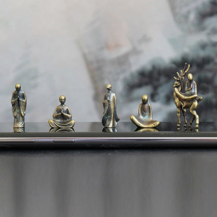 Buddha Stones Mini Medytacja Budda Metalowy Mnich Spokój Dekoracja Domu - Mini 5 posągów Buddy + jeleń - image 5