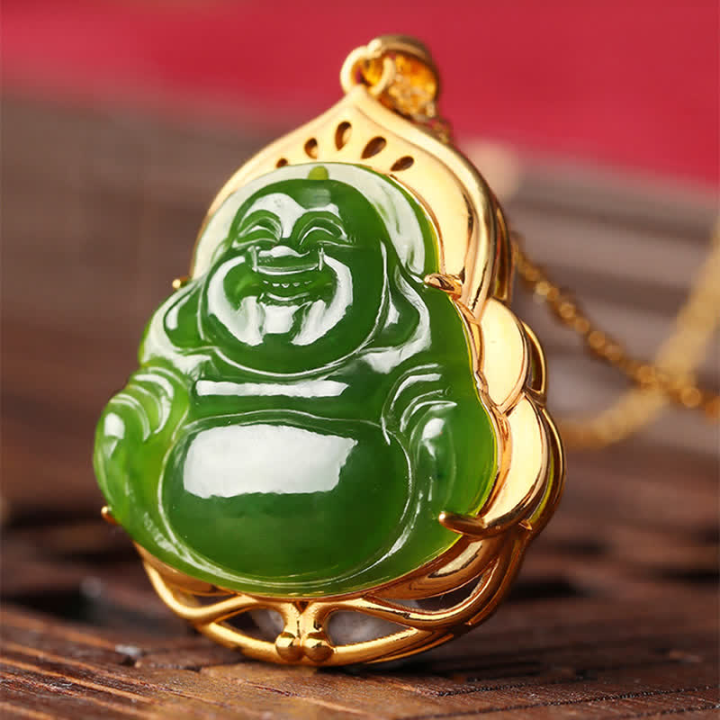 925 Srebro Sterling Naturalny Hetian Cyan Jade Śmiejący się Budda 18K Złoty Naszyjnik Uzdrawiający Łańcuszek Wisiorek - image 7