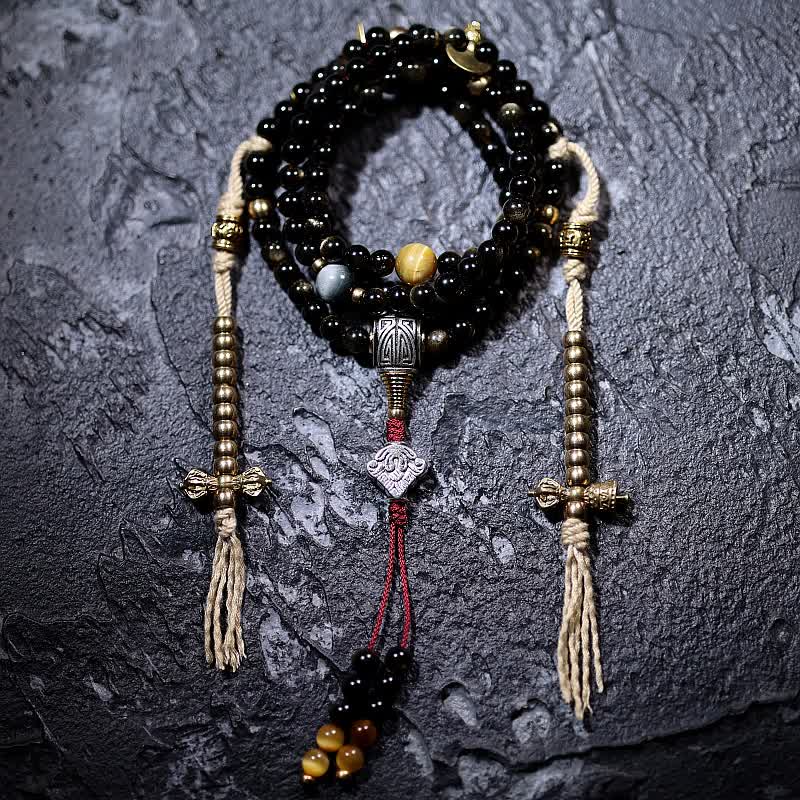 Buddha Stones 108 Mala Beads Złoty połysk Obsydian Tygrysie Oko Orle Oko Kamień Bransoletka Bogactwa