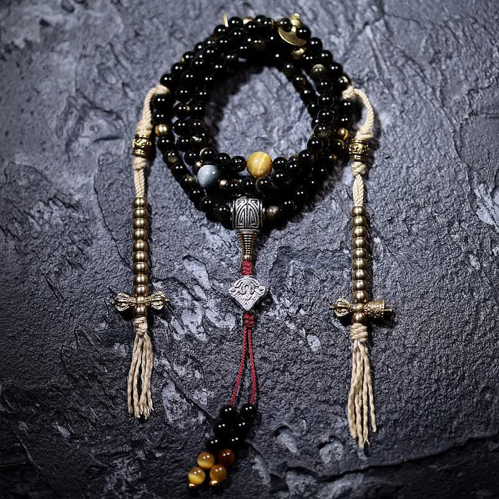 Buddha Stones 108 Mala Beads Złoty połysk Obsydian Tygrysie Oko Orle Oko Kamień Bransoletka Bogactwa