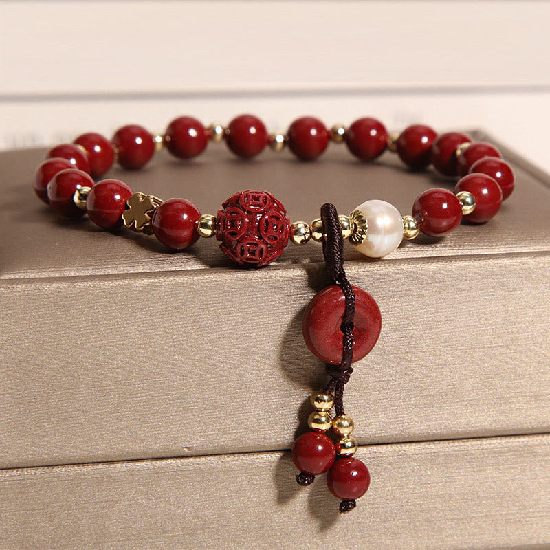 Buddha Stones Naturalny Cynober Pokoju Klamra Miedziana Moneta Charm Bransoletka Błogosławieństwo