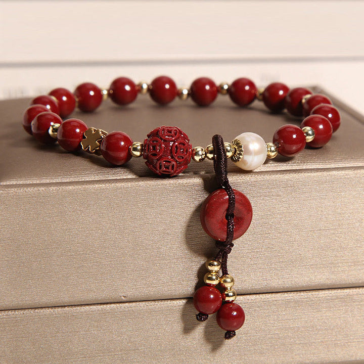 Buddha Stones Naturalny Cynober Pokoju Klamra Miedziana Moneta Charm Bransoletka Błogosławieństwo