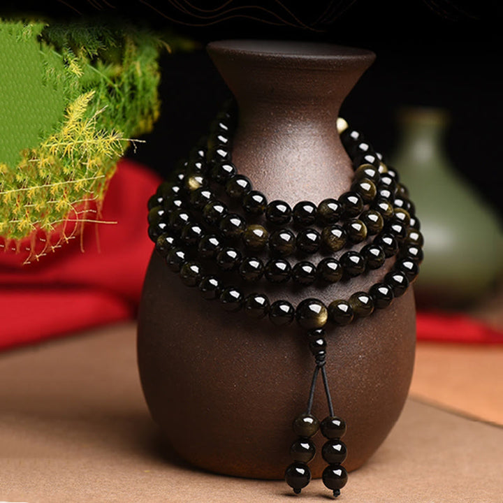Buddha Stones 108 Mala Beads Naturalny Złoty Połysk Obsydian Bransoletka Bogactwa