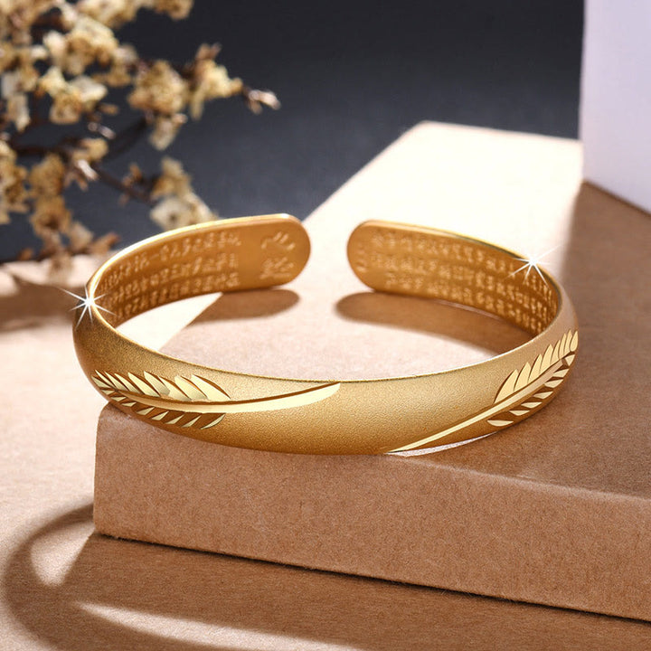 Buddha Stones Pióro Sutra Serca Grawerowany Wzór Bogactwo Miedziana Bransoletka Mankietowa Bangle