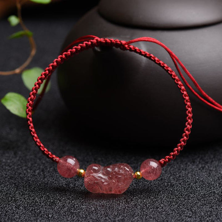 Buddha Stones Naturalny Kwarc Truskawkowy PiXiu Bransoletka Szczęścia Czerwony Sznurek