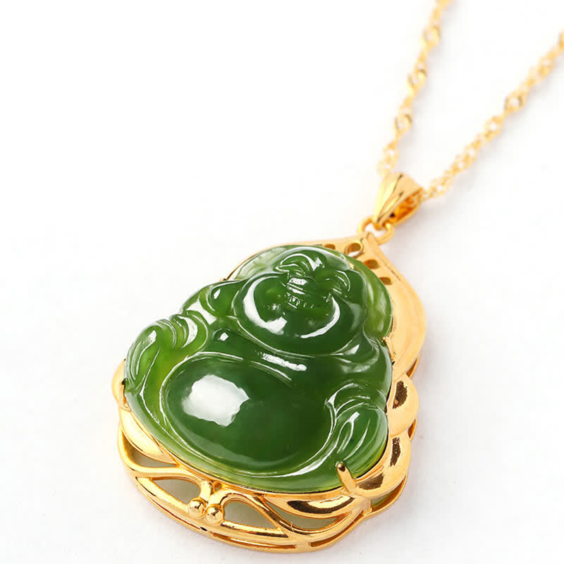 925 Srebro Sterling Naturalny Hetian Cyan Jade Śmiejący się Budda 18K Złoty Naszyjnik Uzdrawiający Łańcuszek Wisiorek - image 12