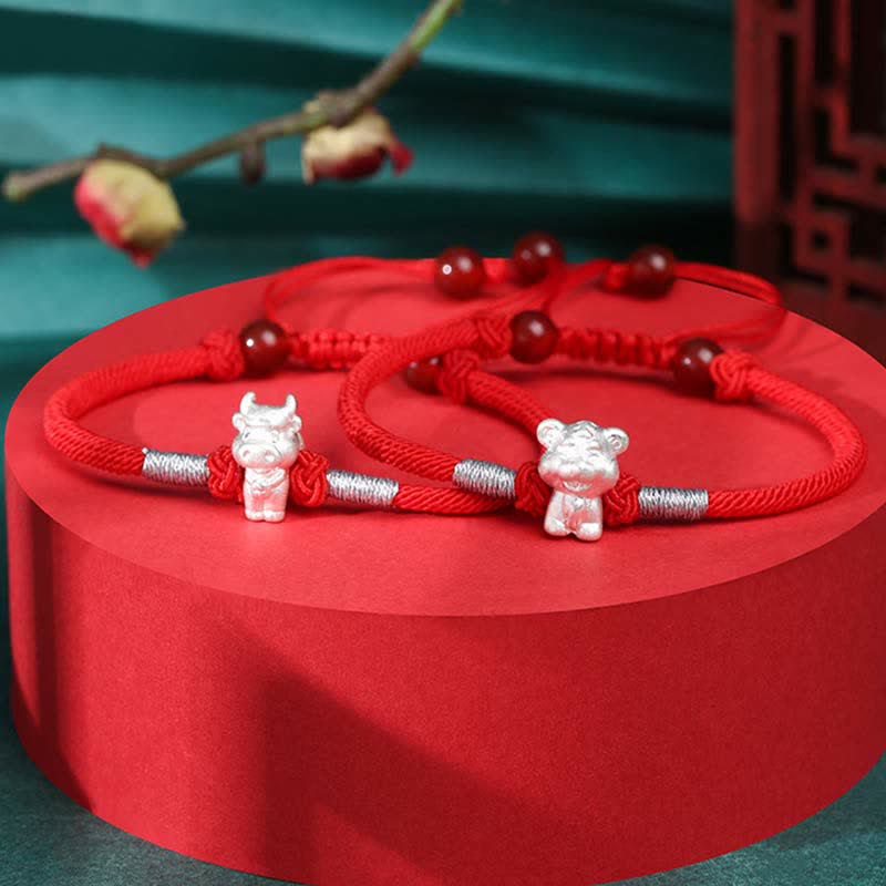Buddha Stones 999 Srebro Sterling Chiński Zodiak Szczęście Siła Bransoletka z Czerwonego Sznurka
