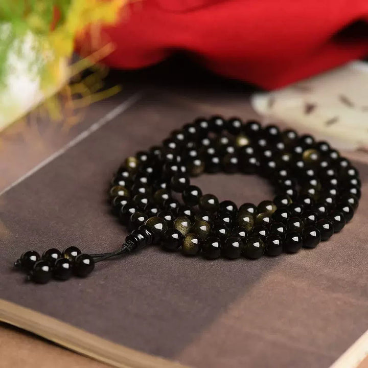 Buddha Stones 108 Mala Beads Naturalny Złoty Połysk Obsydian Bransoletka Bogactwa
