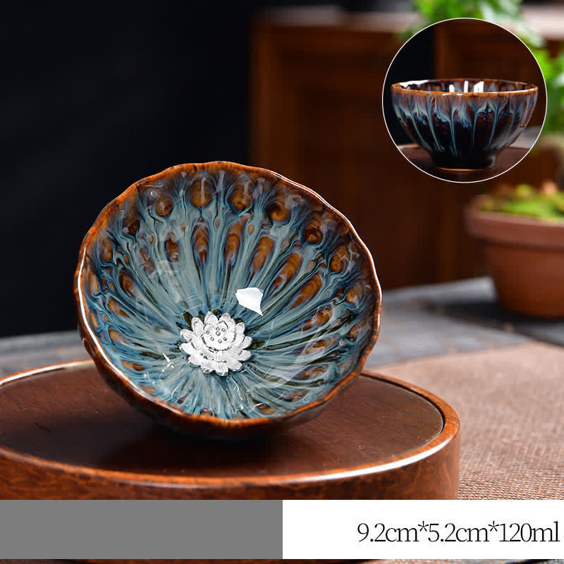 Buddha Stones Lotos Paw Smok Feniks Ryba Koi Ceramiczna filiżanka do herbaty Intarsjowane filiżanki do herbaty 120 ml - Srebrny - Lotos - image 16