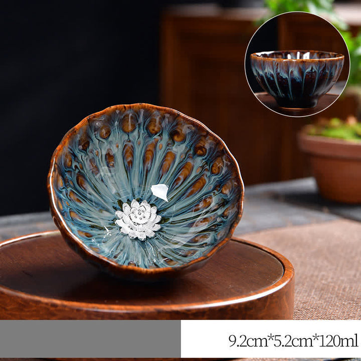 Buddha Stones Lotos Paw Smok Feniks Ryba Koi Ceramiczna filiżanka do herbaty Intarsjowane filiżanki do herbaty 120 ml - Srebrny - Lotos - image 16
