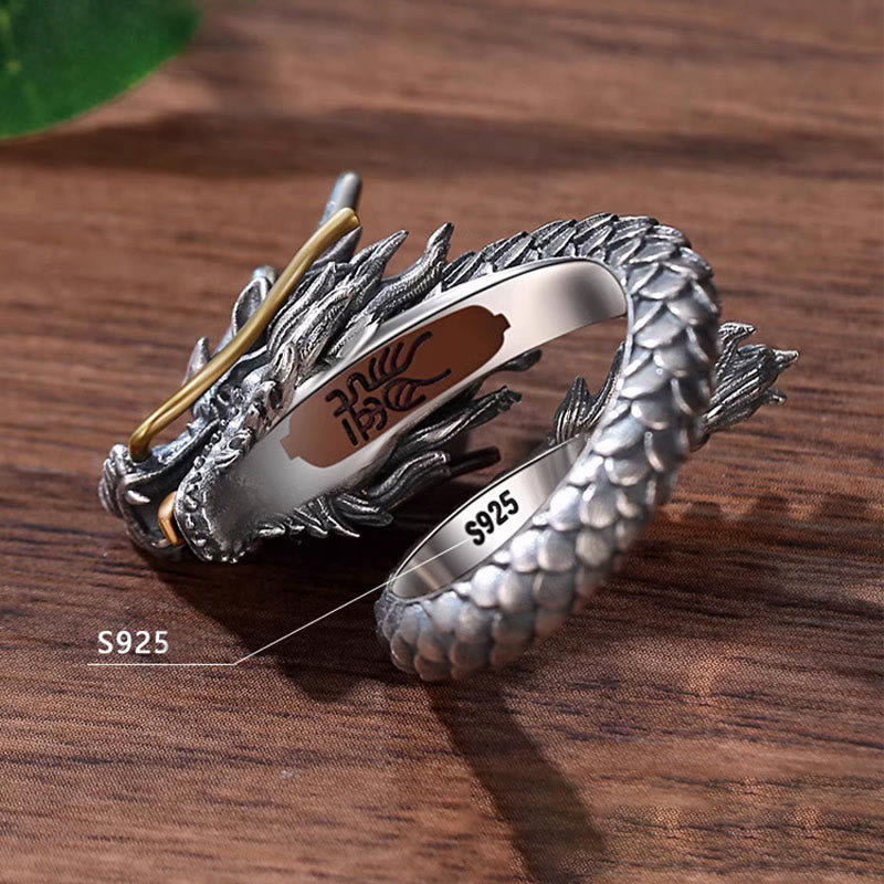 Buddha Stones 925 Srebro Sterlingowe Vintage Dragon Design Ochrona Siła Regulowany Pierścień