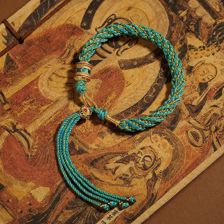 Buddha Stones Tybetańskie Ręcznie Robione Szczęście Thangka Koło Modlitewne Charm Bransoletka ze Sznurka