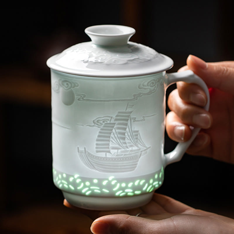 Buddha Stones Jingdezhen Linglong Porcelana Pomyślny Smok Feniks Łódź Gładkie żeglowanie Ceramiczna filiżanka do herbaty Biurowe filiżanki do herbaty 420 ml