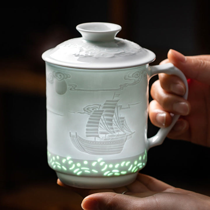 Buddha Stones Jingdezhen Linglong Porcelana Pomyślny Smok Feniks Łódź Gładkie żeglowanie Ceramiczna filiżanka do herbaty Biurowe filiżanki do herbaty 420 ml