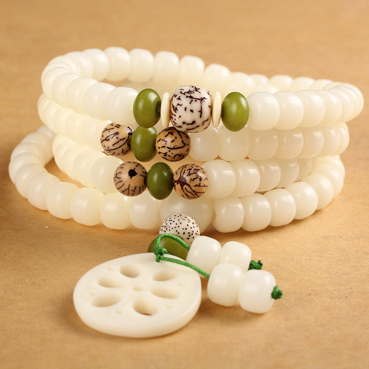 Buddha Stones Białe Nasiona Bodhi Mala 108 Koralików Bransoletka Szczęścia