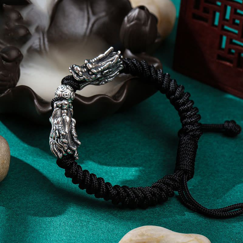 Buddha Stones 999 Srebro Sterlingowe Podwójny Smok Szczęście Ręcznie Pleciona Bransoletka