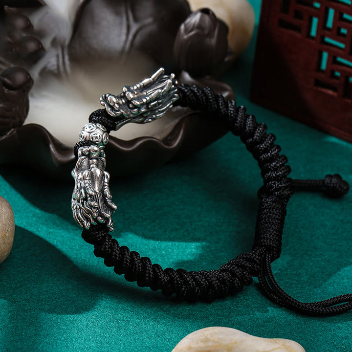 Buddha Stones 999 Srebro Sterlingowe Podwójny Smok Szczęście Ręcznie Pleciona Bransoletka