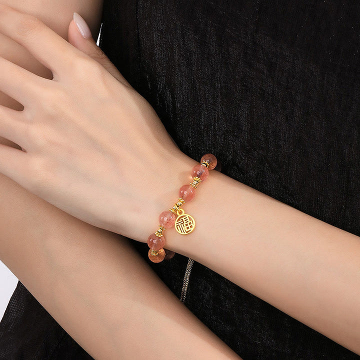 Bransoletka z Buddha Stones 14K pozłacana naturalna truskawka kwarc Fu Character Positive Charm
