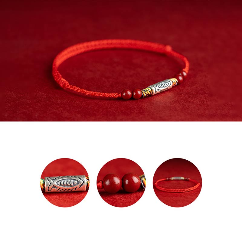 Buddha Stones 925 Srebro Sterling Ryba Koi Koralik Cynober Bogactwo Ręcznie Robiona Bransoletka Pleciona Bransoletka na Nogę