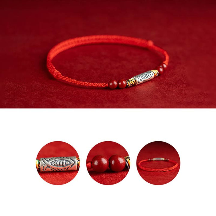 Buddha Stones 925 Srebro Sterling Ryba Koi Koralik Cynober Bogactwo Ręcznie Robiona Bransoletka Pleciona Bransoletka na Nogę