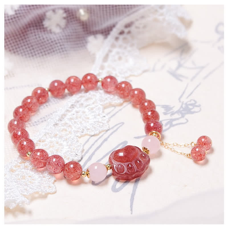 Buddha Stones Naturalny Kwarc Truskawkowy Różowy Kryształ Lucky Cat Paw Love Bransoletka - image 1