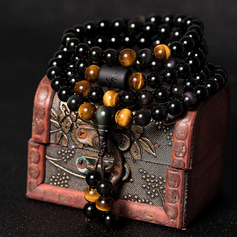 Buddha Stones Naturalny Czarny Obsydian Tęczowy Obsydian Tykwa Błogosławieństwo Bransoletka Mala