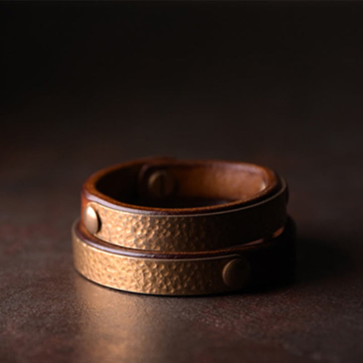 Buddha Stones Vintage Ręcznie Robione Tekstura Miedź Mosiądz Skóra Bogactwo Bransoletka Bangle
