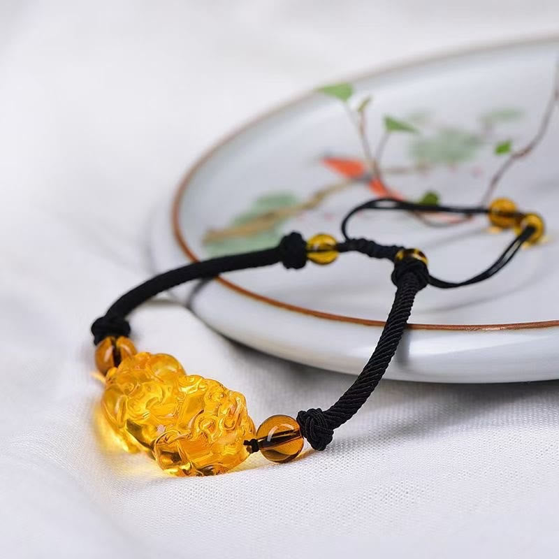 Buddha Stones Naturalny Obsydian Ametyst Cytryn PiXiu Cooper Moneta Bogactwo Bransoletka
