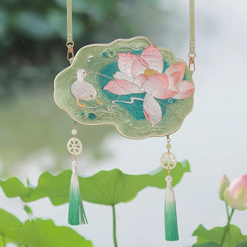 Buddha Stones Szczęście Haft Lotos Koi Ryba Królik Kwiat Hanfu Torba Crossbody Torba na Ramię