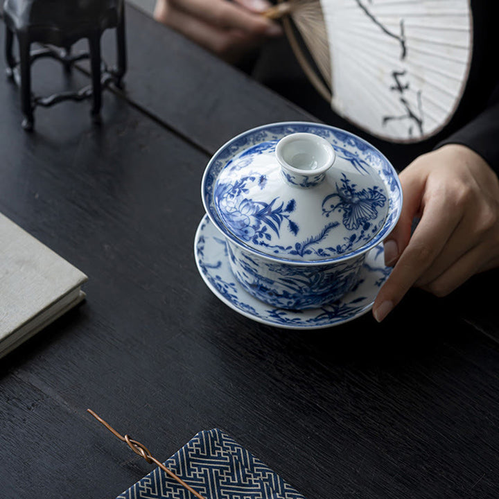 Buddha Stones Niebieskie I Białe Porcelany Lotos Ryba Koi Taniec Lwa Arbuz Ceramiczny Gaiwan Sancai Filiżanka Kung Fu Filiżanka I Spodek Z Pokrywką 300 ml