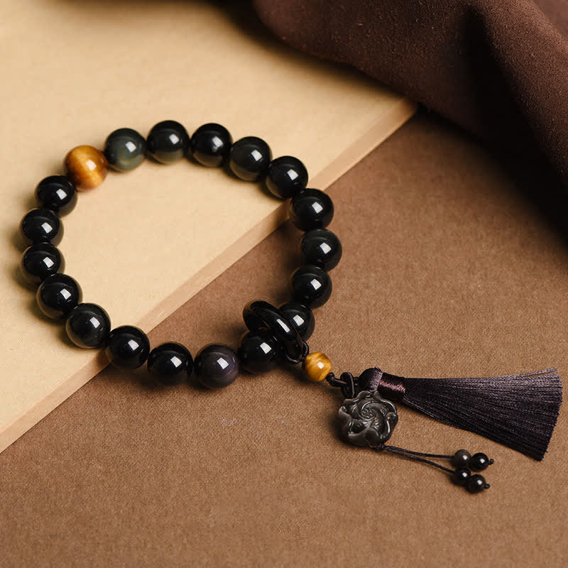 Buddha Stones Naturalny Czarny Obsydian Lew Nadgarstek Mala Ochrona Frędzle Kieszonkowa Mala Dekoracja Samochodu