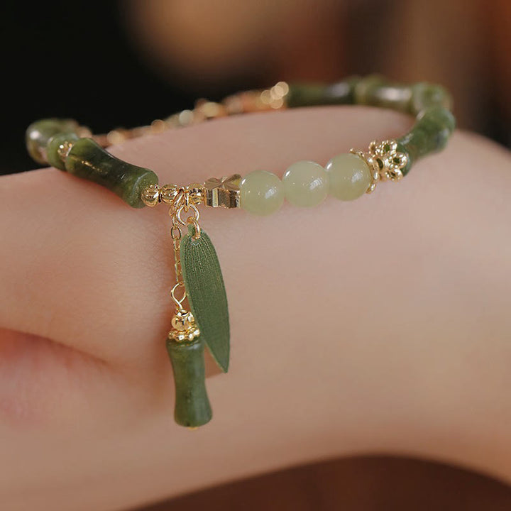 Buddha Stones Jade Bambus Liść Konwalii Wzór Bransoletka Szczęście Obfitość - Zielony liść bambusa (obwód nadgarstka 16-20 cm) - image 0