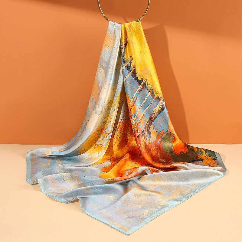 Buddha Stones Obraz olejny Miasto Śnieżna Scena Zamek Lotos 100% Jedwab Morwowy Chusta na szyję - image 1