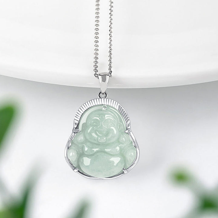 Buddha Stones 925 Srebro Sterlingowe Śmiejący się Budda Jadeit Szczęście Spokój Naszyjnik Łańcuszek Wisiorek - image 2