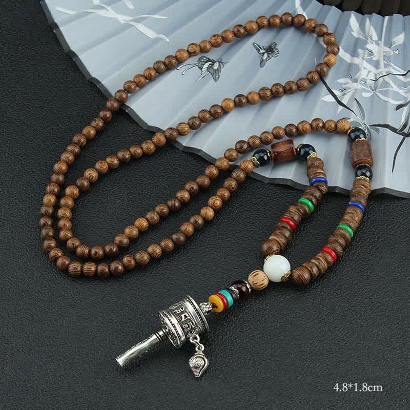 Buddha Stones Tybetańskie Om Mani Padme Hum Modlitewne Koło Obrotowe Naszyjnik Wisiorek z Drewna Vajra - Srebrne Koło Modlitewne - image 13