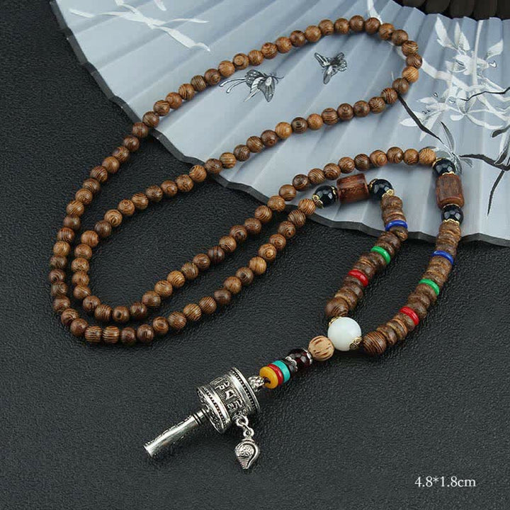 Buddha Stones Tybetańskie Om Mani Padme Hum Modlitewne Koło Obrotowe Naszyjnik Wisiorek z Drewna Vajra - Srebrne Koło Modlitewne - image 13