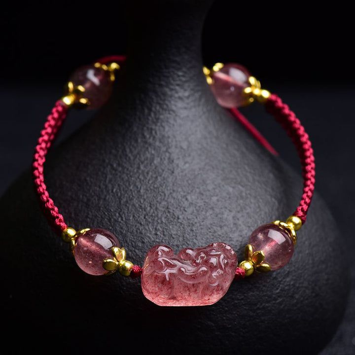 Buddha Stones Naturalny Kryształ Truskawkowy PiXiu Charm Bransoletka Szczęście Czerwony Sznurek