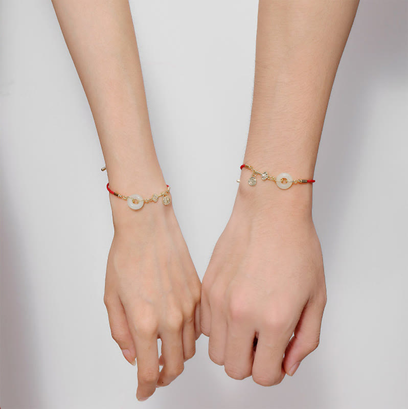 Buddha Stones 18K pozłacane Hetian Jade Peace Buckle Fu Character Luck Red Rope Bracelet