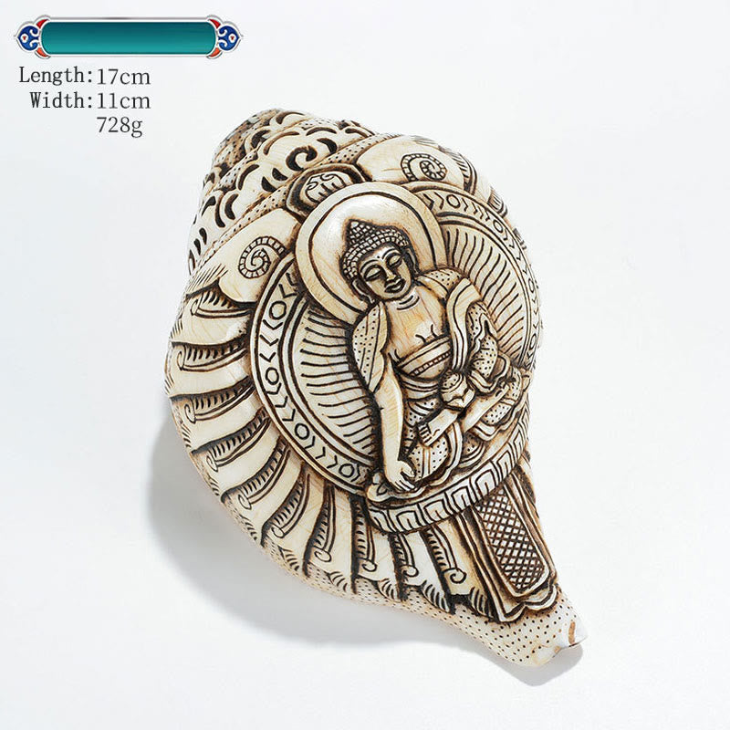 Tybetańska, ręcznie grawerowana dekoracja buddy Shankha Awalokiteśwary z muszli - Siakjamuni 14*11cm - image 17