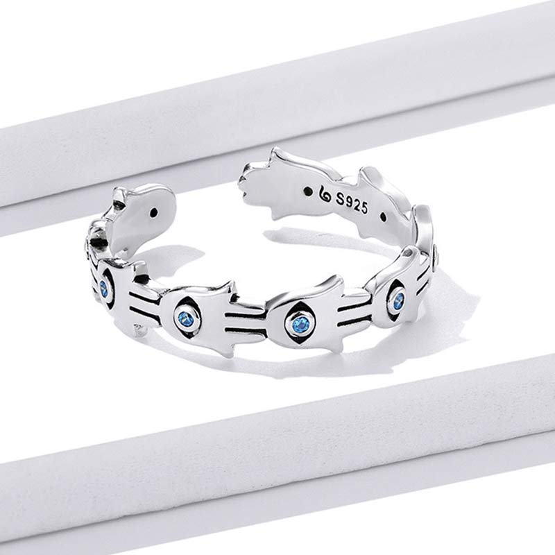 Buddha Stones 925 Srebro Sterling Symbol Hamsa Cyrkon Regulowany Pierścień - image 5