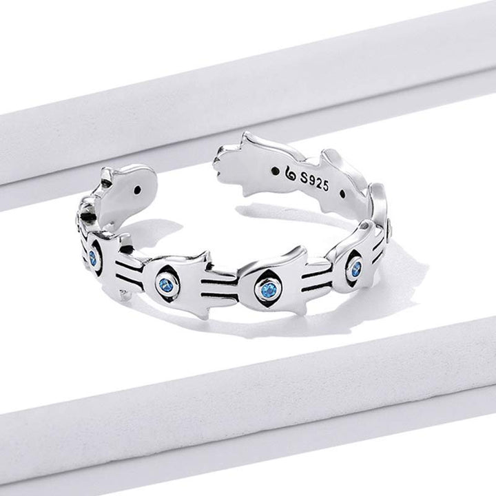 Buddha Stones 925 Srebro Sterling Symbol Hamsa Cyrkon Regulowany Pierścień - image 5