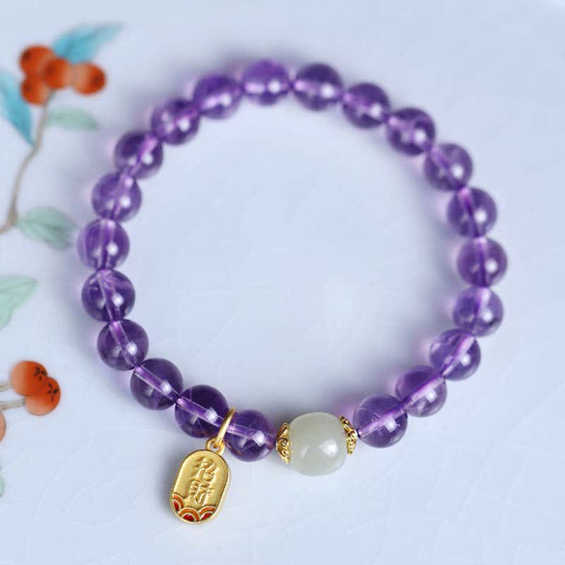 Buddha Stones Naturalny Ametyst Kryształ Hetian Jade Healing Charm Bransoletka